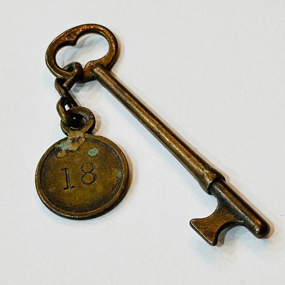 Vintage Metal Bronze-Colored Room Key w/Room Tag